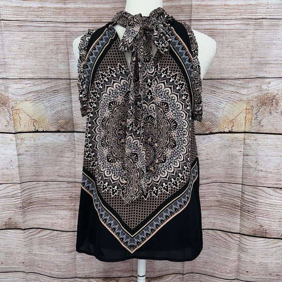 1. State Black and Cream Medallion  Patterned Halter Blouse Size M - Picture 4 of 13